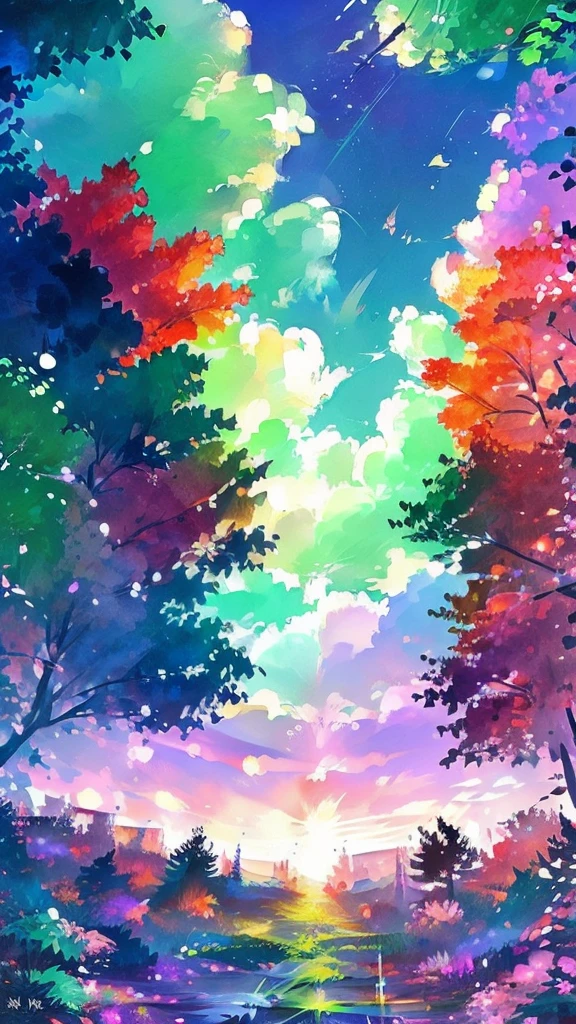 "Create an art piece where a mystical forest blends seamlessly with flelements, inspired by the vibrant color palettes and dynamic angles commonly found in anime. Capture the essence of both nature and technology coexisting harmoniously."