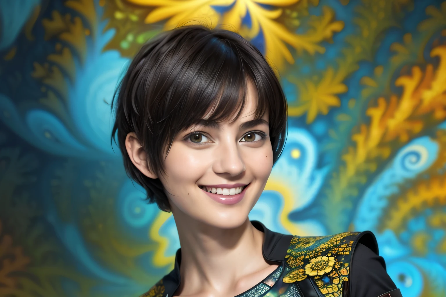 256 19-year-old female, (short hair),(Abstract background,Fractal Art:1.46), smile