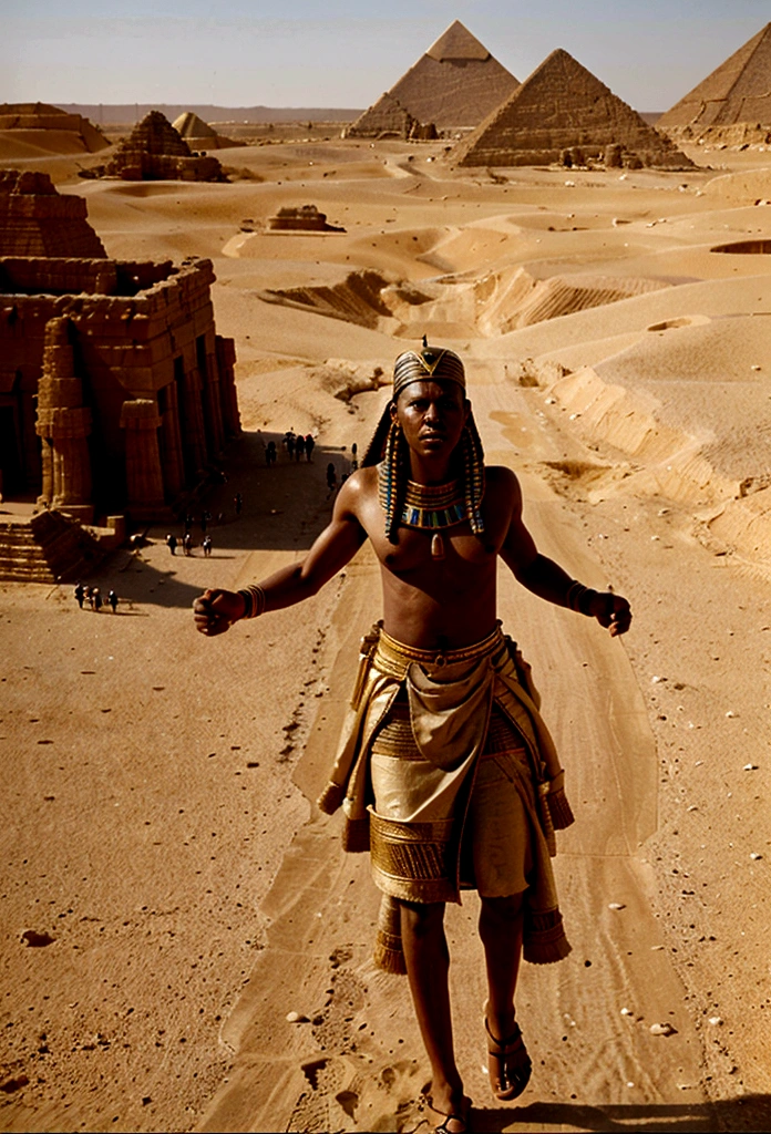 Create the exodus of the Hebrews, a population of more than eight thousand black people leaving ancient Egypt, leaving the pyramids of Egypt and walking in the desert.