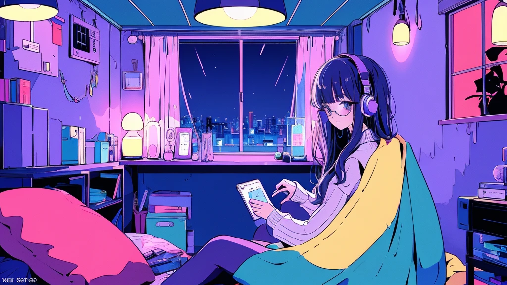 (from behind), Anime girl sitting in front of a computer in a cozy bedroom, Girl listening to music while studying in a cozy room (night), round glasses, Using headphones, on the roof, (beautiful night views from windows), lots of things, 2D anime style, The aesthetics of anime in the 90s, lo-fi,  long hair, very detailed, Hard disk, A mix of anime style and Fujifilm, surreal, 8K, masterpiece, violet eyes,black gloves, round glasses, long sleeves,violet hair, Flat Chest, smile, pantyhose