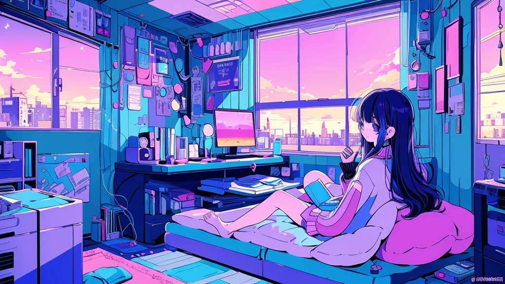 (from behind), Anime girl sitting in front of a computer in a cozy bedroom, Girl listening to music while studying in a cozy room (night), round glasses, Using headphones, on the roof, (beautiful night views from windows), lots of things, 2D anime style, The aesthetics of anime in the 90s, lo-fi, long hair, very detailed, Hard disk, A mix of anime style and Fujifilm, surreal, 8K, masterpiece, violet eyes,black gloves, round glasses, long sleeves,violet hair, Flat Chest, smile, pantyhose