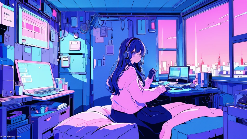 (from behind), Anime girl sitting in front of a computer in a cozy bedroom, Girl listening to music while studying in a cozy room (night), round glasses, Using headphones, on the roof, (beautiful night views from windows), lots of things, 2D anime style, The aesthetics of anime in the 90s, lo-fi, long hair, very detailed, Hard disk, A mix of anime style and Fujifilm, surreal, 8K, masterpiece, violet eyes,black gloves, round glasses, long sleeves,violet hair, Flat Chest, smile, pantyhose