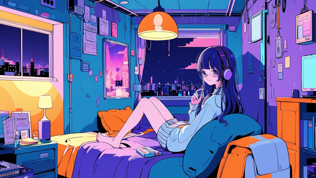 (from behind), Anime girl sitting in front of a computer in a cozy bedroom, Girl listening to music while studying in a cozy room (night), round glasses, Using headphones, on the roof, (beautiful night views from windows), lots of things, 2D anime style, The aesthetics of anime in the 90s, lo-fi,  long hair, very detailed, Hard disk, A mix of anime style and Fujifilm, surreal, 8K, masterpiece, violet eyes,black gloves, round glasses, long sleeves,violet hair, Flat Chest, smile, pantyhose