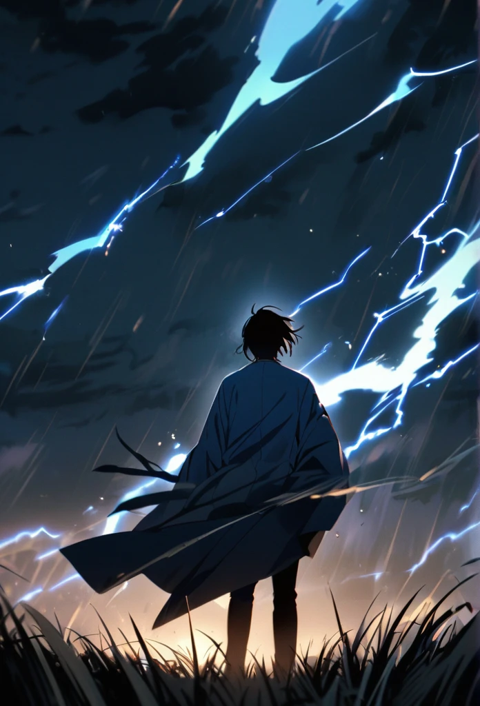 A man with long black hair and a blue kimono is standing in front of me.。Hair fluttering in the wind。A violent lightning strike with a blue glow behind it。rain。grassland。Night Sky。大きい雷