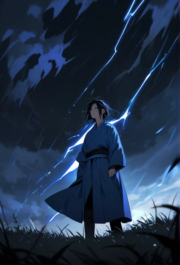 A man with long black hair and a blue kimono is standing in front of me.。Hair fluttering in the wind。A violent lightning strike with a blue glow behind it。rain。grassland。Night Sky。大きい雷