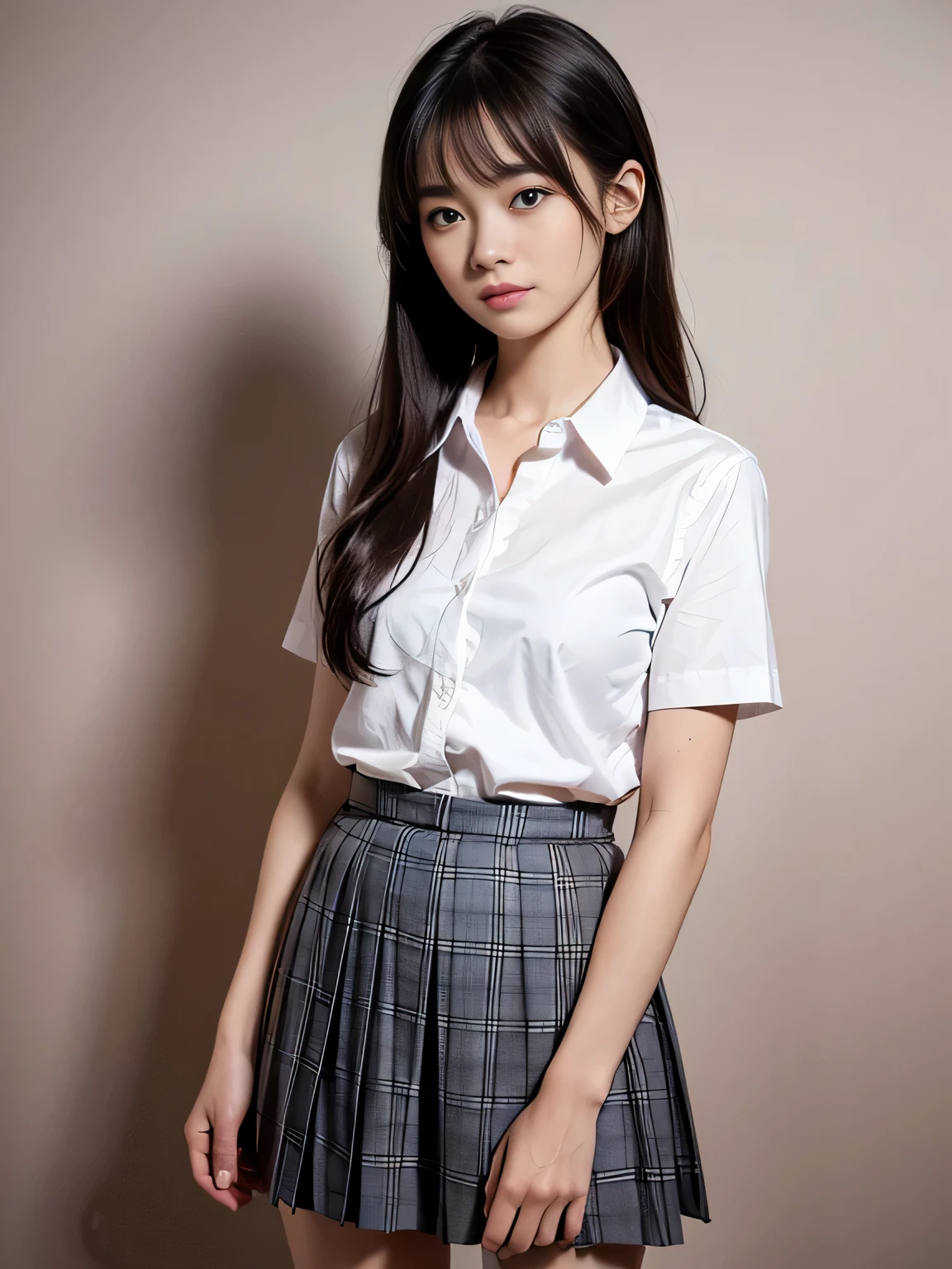 Small, shapely breasts、Very cute girl,UHigh resolution, retina, masterpiece, Accurate, Anatomically correct, Textured skin, Super detailed, Attention to detail, high quality, Awards, 最high quality, High resolution, 1080P, High resolution, 4K, 8K, 16K,(masterpiece:1.3, 最high quality, 超High resolution, Very detailed), (Realistic:1.1, photoRealistic:1.4), Beautiful illustrations, Perfect lighting, colorful, Written boundary depth, Beautiful detailsまでこだわった髪, 美しくAttention to detail顔, Beautiful details, Beautiful clavicle, Beautiful body, Beautiful breasts, Beautiful thighs, Beautiful feet, Beautiful fingers, View your viewers, 1 Girl, Japanese, high school girl, Perfect Face, (Perfect Anatomy, Anatomically correct), Cute and symmetrical face, Baby Face, Sunburn, Shiny skin, (Mid-length hair:1.5, Twin tails:1.2, Black Hair), Asymmetrical bangs, blue eyes, Long eyelashes, (Medium Chest), thin, ((Collared short-sleeved shirt, Pink collared shirt, , Grey plaid pleated skirt, )), (Pink wall),Are standing, (peace sign), (Cute Smile, Blushing、Upward glance, Open your mouth), ((Very few, Young face and breasts)),(Cleavage:1),(Very small and flat chest:1.4),