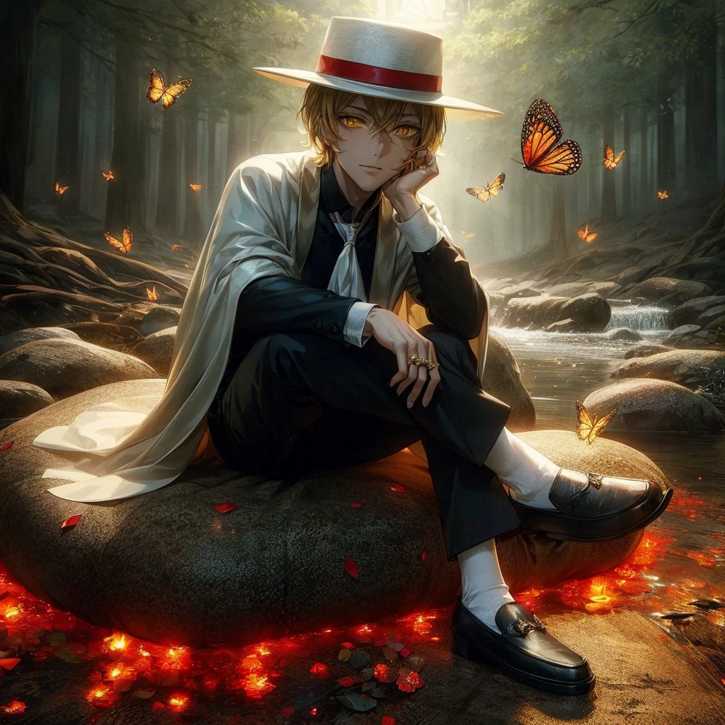 ((masterpiece:1.2、top-quality))、1male people(((straight short hair、golden yellow hair)))、Golden Eyes(a handsome:1.4)、long eyelashes、fancy、Uniforms、royalty、blooming flowers、sunlights、royal hall hall、 Detailed background, diffused sunlights、extra detailed face、A slight smil、Depiction in motion、Tホテルのmasterpiece,best qualtiy,As a man-、anime a handsome man,Wearing strict royal attire, white and gold royal costume, a handsomeなアニメのポーズ, a handsome stunning realistic,eyes are golden、A sexy、Tall、190cm、manly、handsome man、Beautiful shape、Best style、