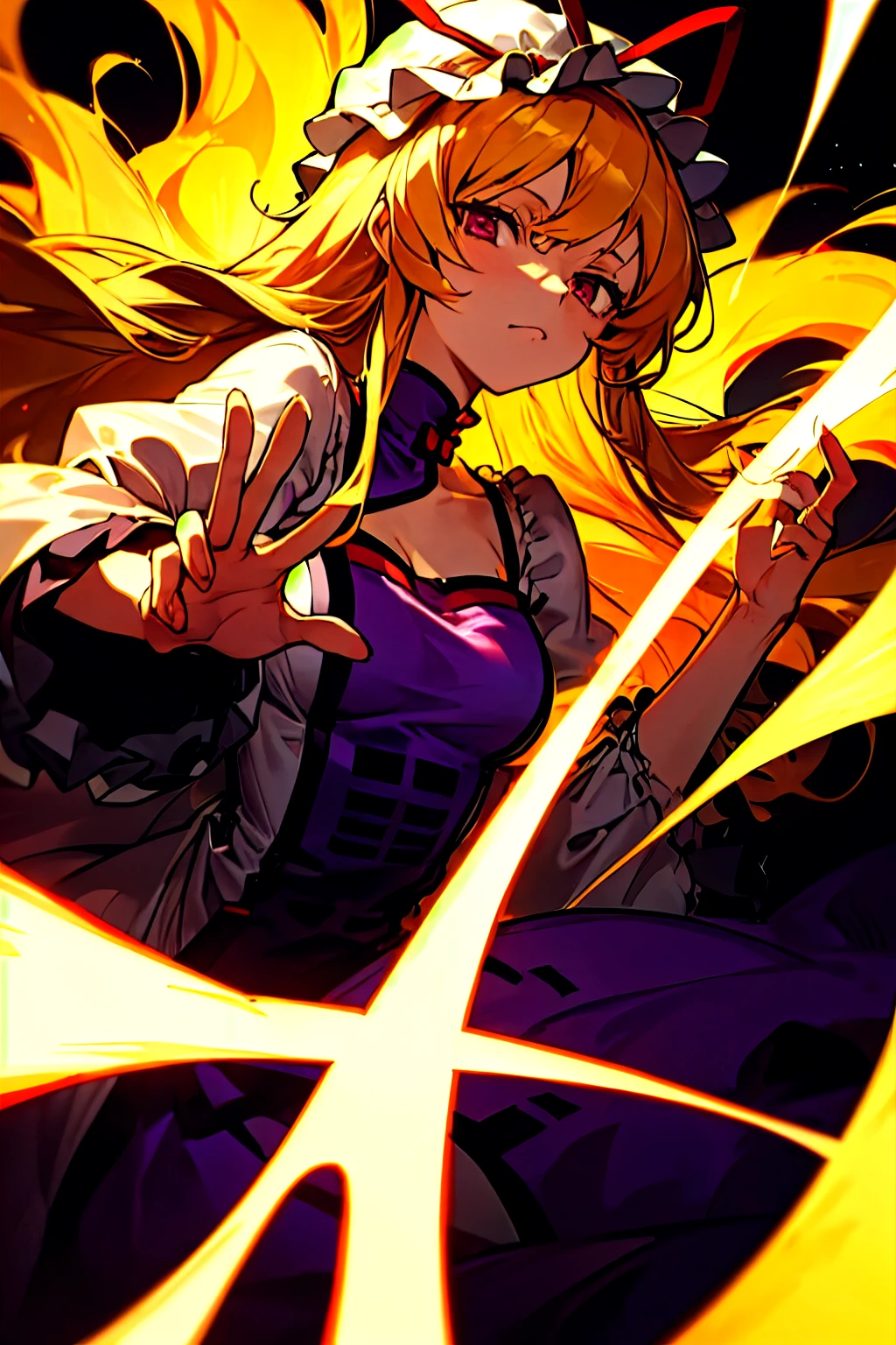 masterpiece, best quality, 1 Girl, Solitary, Long blond hair，yakumo yukari extension hand，There is a flash of light in the hand