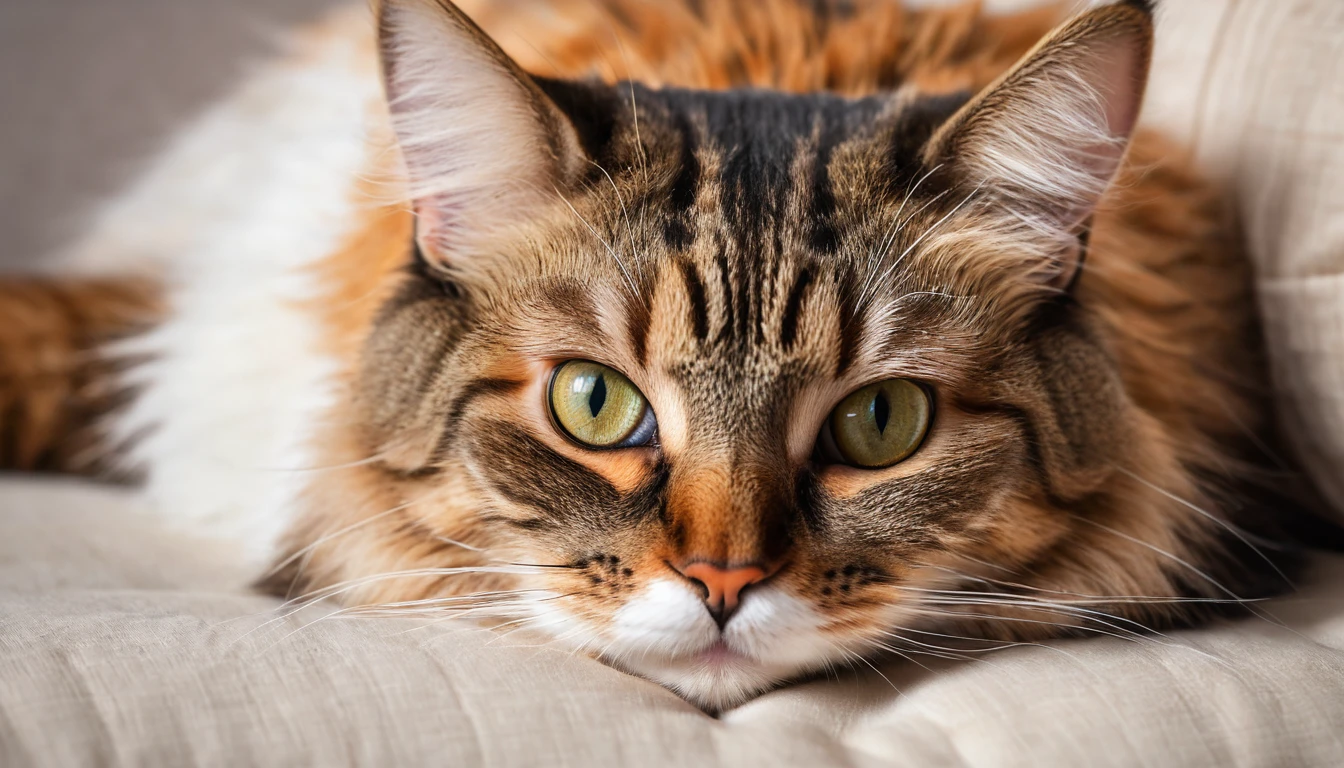 a realistic cat lying on a pillow, close up photo, extremely detailed, 8k, HDR, studio lighting, high quality, hyper realistic, macro photography, adorable, cute, furry, photorealistic, detailed whiskers, detailed eyes, detailed nose, detailed ears, detailed paws, plush fur texture, soft lighting, shallow depth of field, warm color tones
