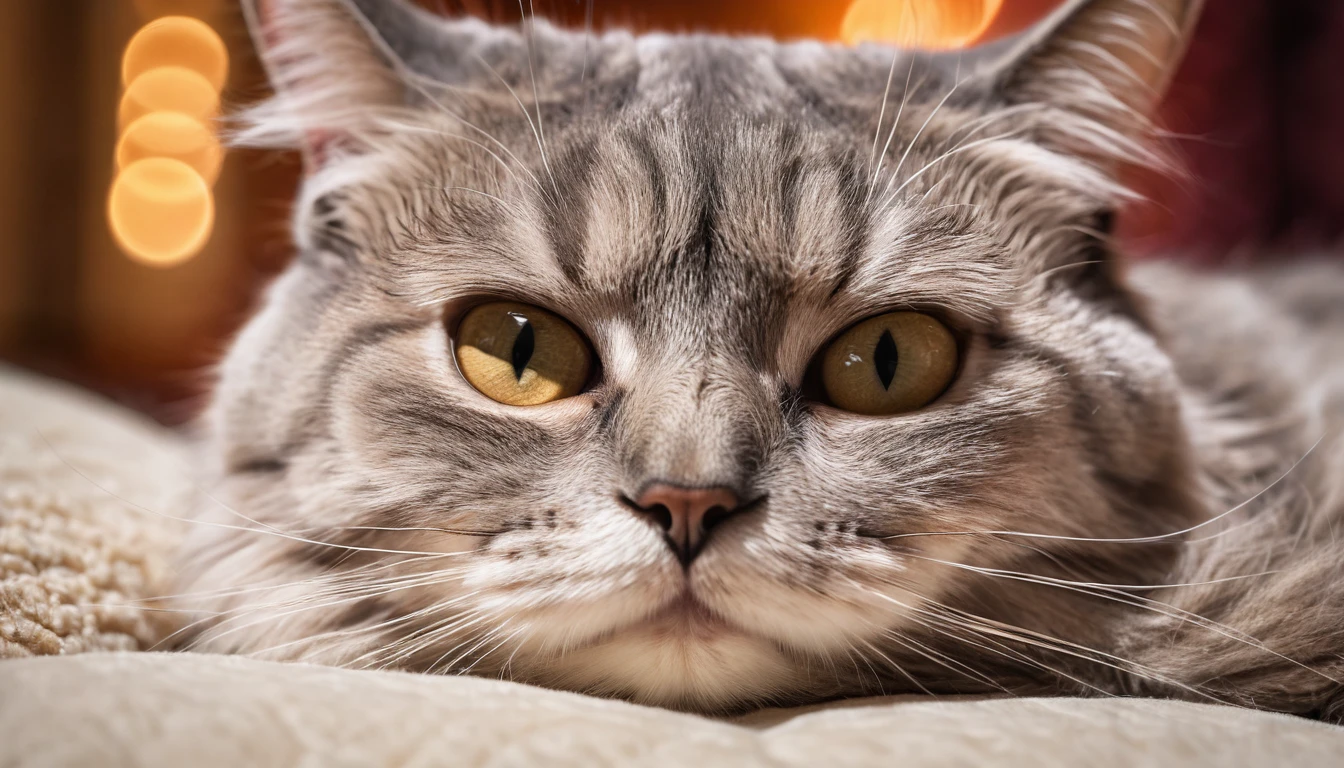 a realistic cat lying on a pillow, close up photo, extremely detailed, 8k, HDR, studio lighting, high quality, hyper realistic, macro photography, adorable, cute, furry, photorealistic, detailed whiskers, detailed eyes, detailed nose, detailed ears, detailed paws, plush fur texture, soft lighting, shallow depth of field, warm color tones