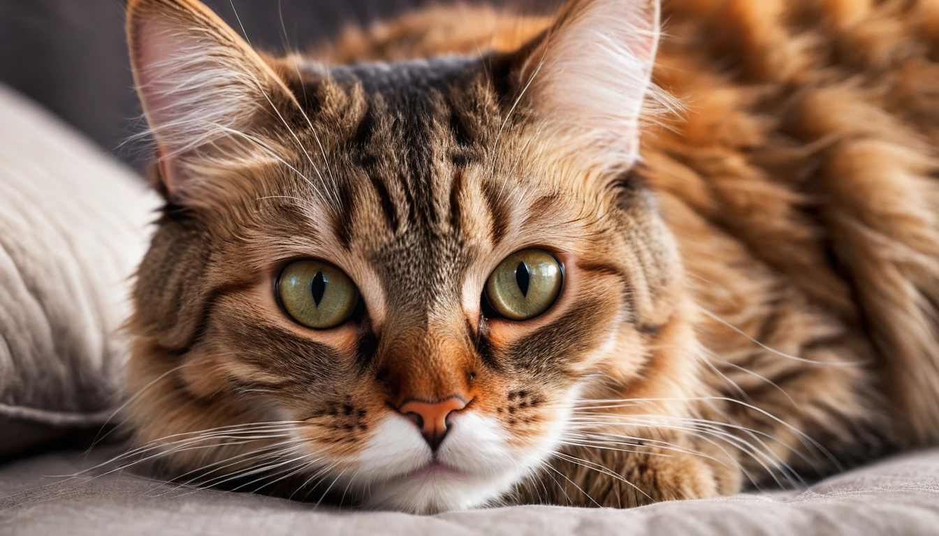 a realistic cat lying on a pillow, close up photo, extremely detailed, 8k, HDR, studio lighting, high quality, hyper realistic, macro photography, adorable, cute, furry, photorealistic, detailed whiskers, detailed eyes, detailed nose, detailed ears, detailed paws, plush fur texture, soft lighting, shallow depth of field, warm color tones