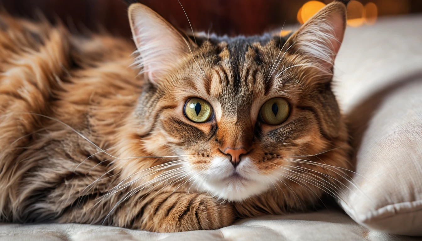 a realistic cat lying on a pillow, close up photo, extremely detailed, 8k, HDR, studio lighting, high quality, hyper realistic, macro photography, adorable, cute, furry, photorealistic, detailed whiskers, detailed eyes, detailed nose, detailed ears, detailed paws, plush fur texture, soft lighting, shallow depth of field, warm color tones