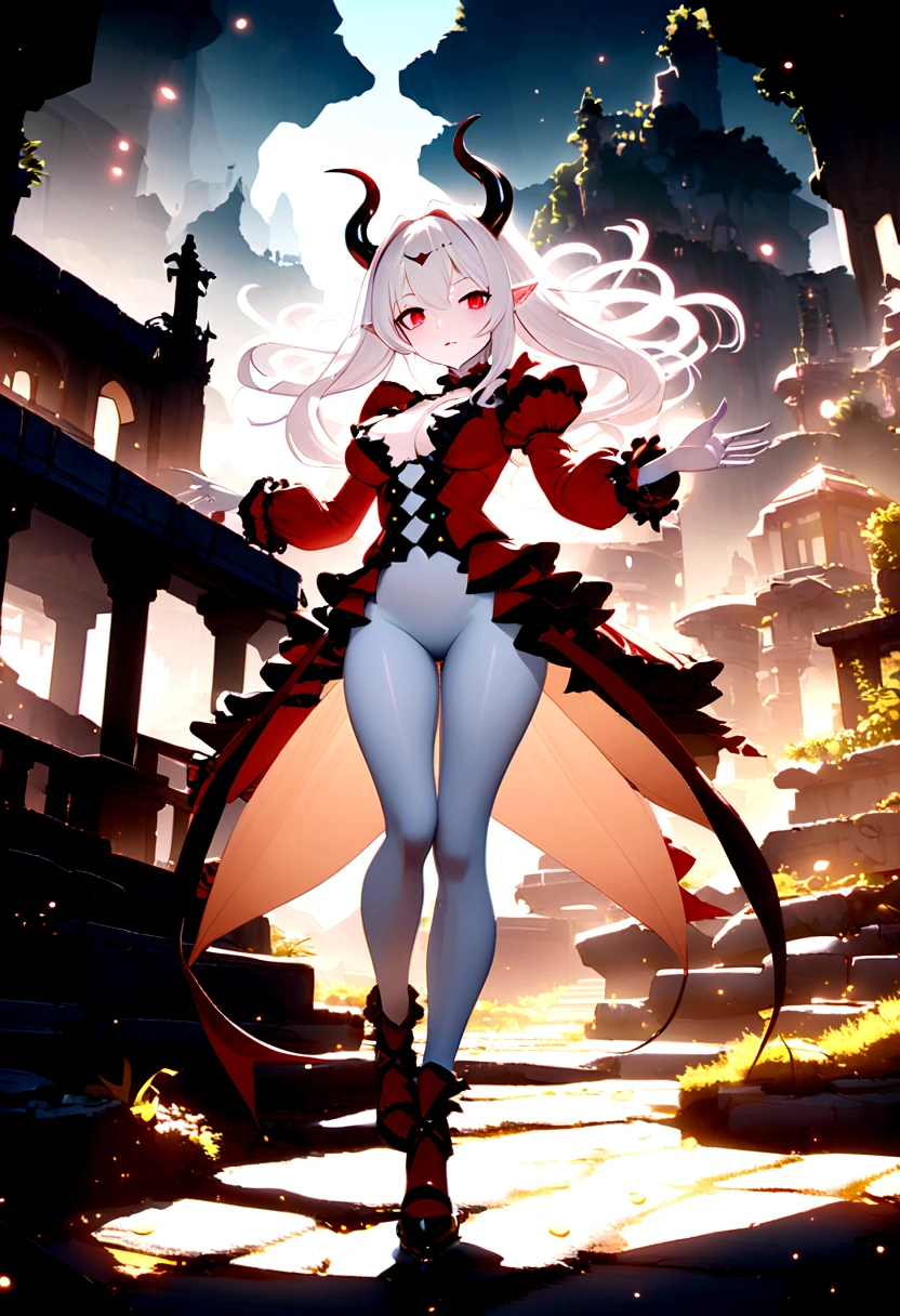 create a anime girl devil with horns, long white hair, red eyes, pale white skin, red and white uniform, full body, unreal engine, global illumination, detailed and complex environments
Full growth