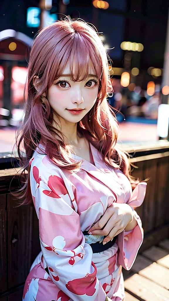 An anime-style illustration of the woman with long pink hair and E-cup breasts, wearing a yukata, leaning towards the viewer for a kiss. She is blushing slightly, and the background is a night sky with festival lights softly glowing.