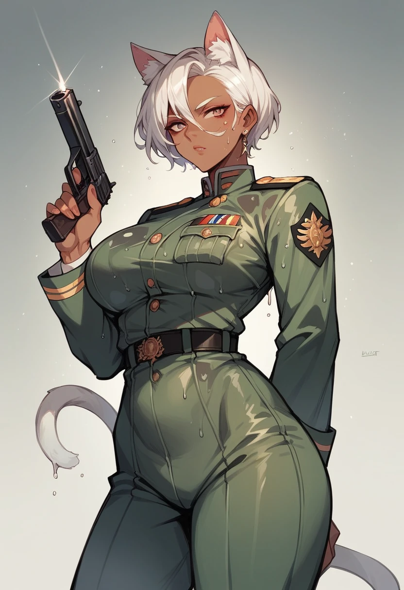 Dark-skinned milf, White hair, Cat's ears,military uniform, holding a gun,striking a provocative pose,wet