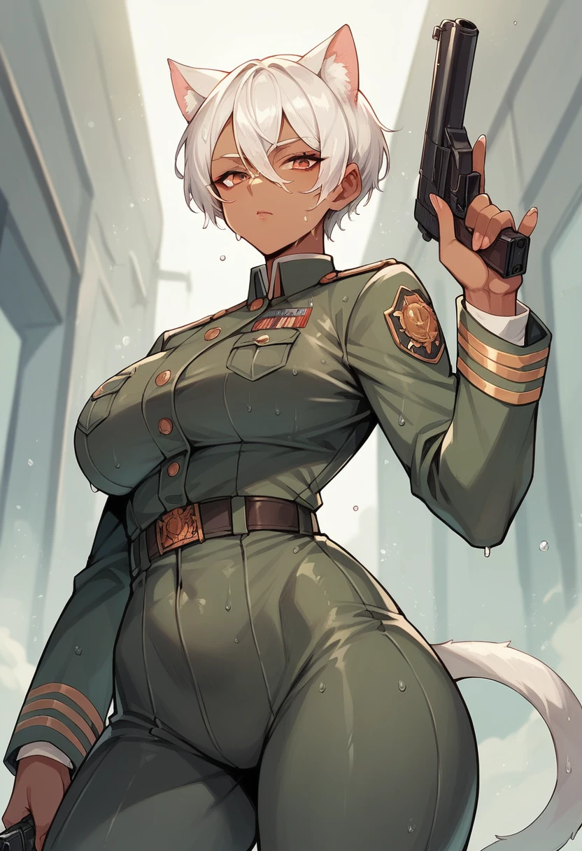 Dark-skinned milf, White hair, Cat's ears,military uniform, holding a gun,striking a provocative pose,wet