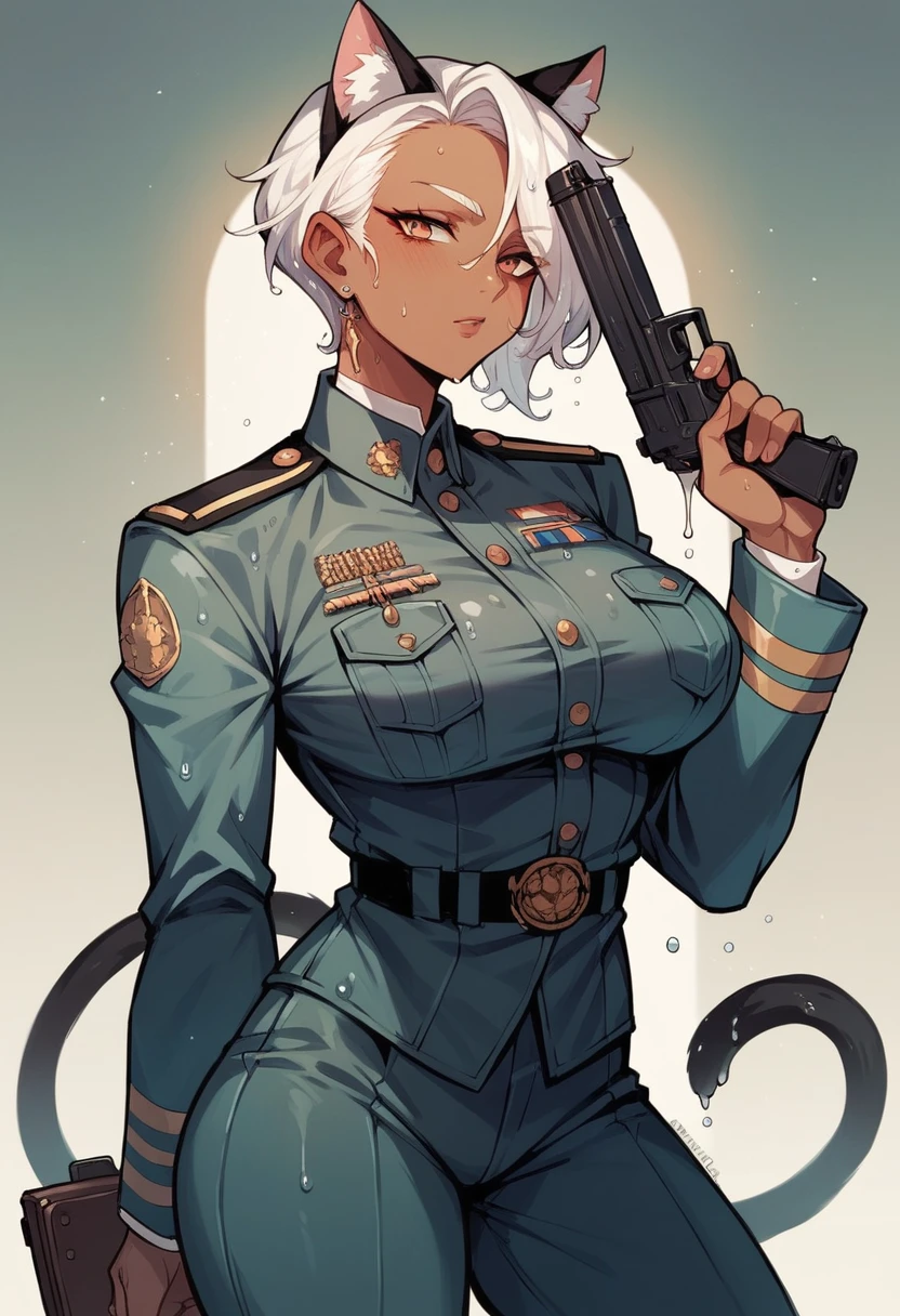Dark-skinned milf, White hair, Cat's ears,military uniform, holding a gun,striking a provocative pose,wet