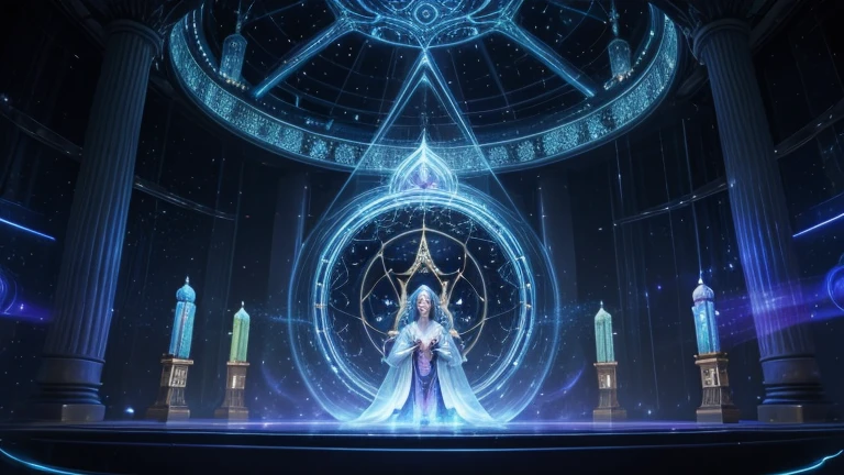 An ethereal council of wise, ancient beings in a cosmic setting, with flowing robes and holographic screens displaying universal data. Add a mystical aura with a starry backdrop."