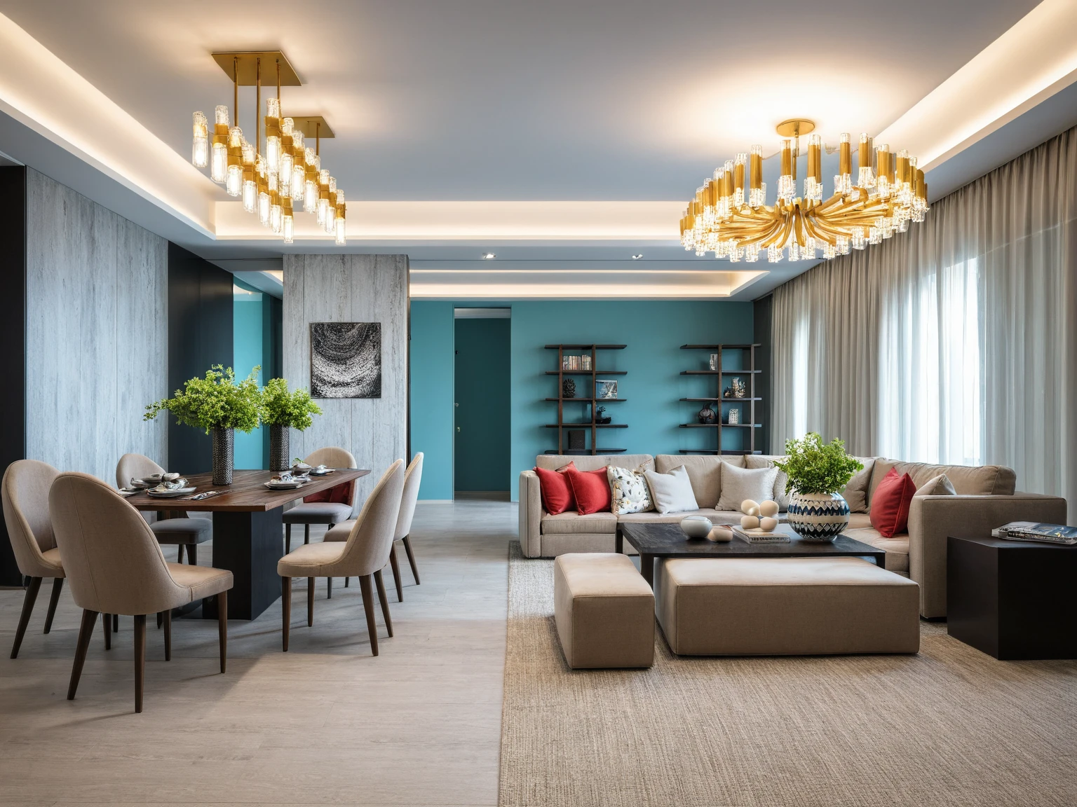 Raw photo, Masterpiece, high quality, best quality, authentic, super detail,
indoors, living room style modern, windows, ceiling lights, chandeliers, minimalist line
(day:1.1), vivid colour,