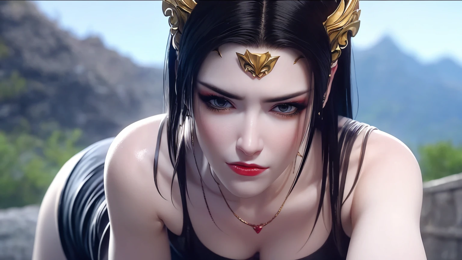 (lifelike, high - resolution:1.3), 1 girl with a perfect body, Super fine face and eyes,slong hair, Tank top of random colors:1.2, short jeans, big boob,Expose cleavage5)), aurora, lightning, hyper-realistic graphics, most realistic graphics, 1 girl, alone, solo, Extremely sharp, surreal image, (((frontal portrait: 1)))."