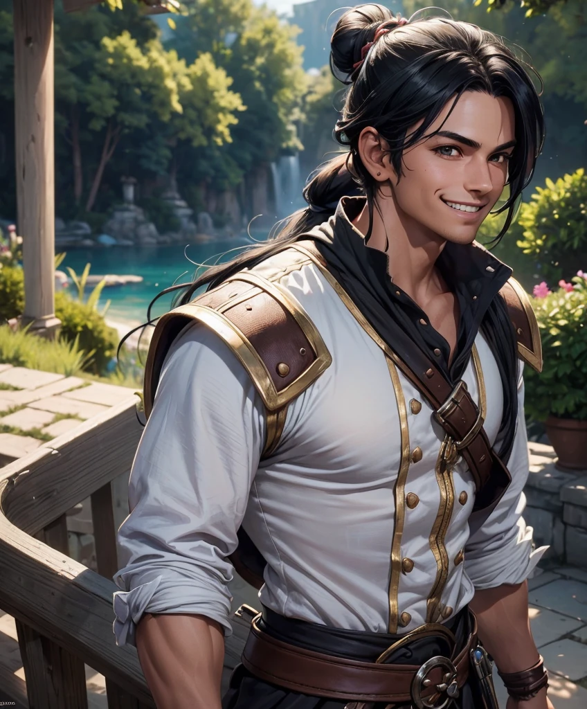 (((Single character image.))) (((1boy))) (((Dressed in medieval swashbuckler attire.))) (((Shoulder length hair))) (((Cute black hair in a topknot.))) This is a dashing male adventurer in a high fantasy setting. He is attractive to women and has all the attributes that make him a heartthrob. (1boy, one male) (male focus) ((front view)) (upper body), (((muscular male, bodybuilder))), , (((Cute smile.))) thick epic, heroic, tanned, perfect face, (detailed facial features), cute smile, outdoor setting, highly detailed, volumetric light, artstation, strong erotic overtones, dressed in a puffy shirt and pirate vest flirty, best quality:1.0,hyperealistic:1.0,photorealistic:1.0,madly detailed CG unity 8k wallpaper:1.0,masterpiece:1.3,madly detailed photo:1.2, hyper-realistic lifelike texture:1.4, picture-perfect:1.0,8k, HQ,best quality:1.0,
