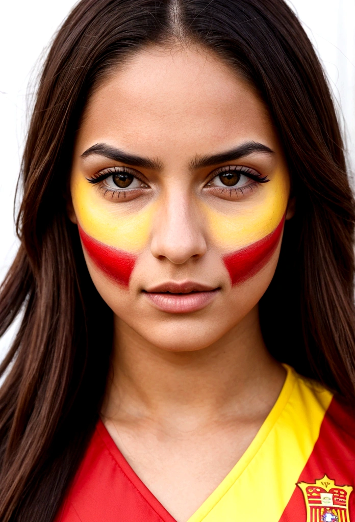 Portrait Woman soccer fan with Spanish features with her face completely painted with the colors of the Spanish flag, red then yellow and again red.
long hair with winning attitude