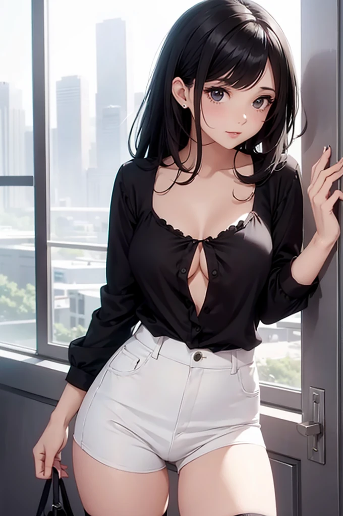 a girl with low-cut blouse, medium breasts, white shorts, long stockings, flirtatious look, very well detailed, cityscape or academy, black hair,