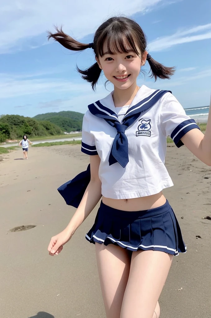 {2 | 3 | 4} girls skipping in rural school beach,summer sky,white thong,sailor shirt,navy blue pleated micro mini skirt flipping up,18-year-old,bangs,a little smile,thighs,knees,short hair with low pigtails bunches,from below,front light