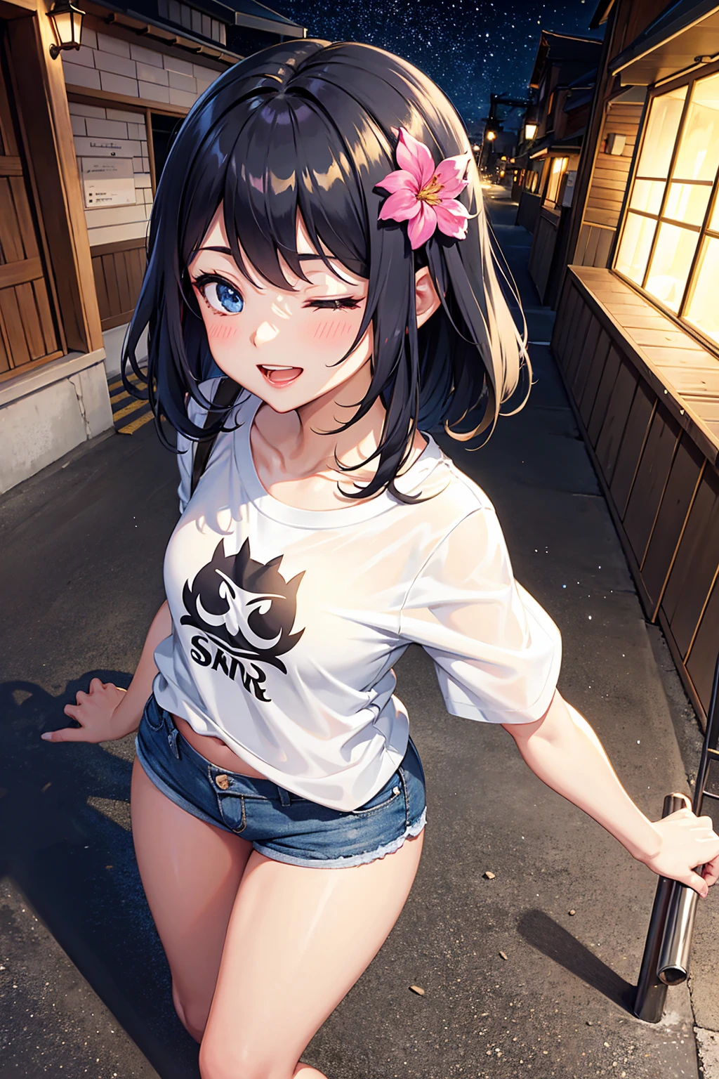 selfie, ,Beautiful illustration、masterpiece, top-quality, from above, night, ((alley)), 1 girl,A Cute 、mini girl, 4th grade elementary school student、make up, standing, seductive smile, open mouth, black hair, short hair,hair flower, blue eyes, one eye closed, (hotpants),Tshirt , lovely thighs、glowing thigh, shinyskin, sexy, nsfw,