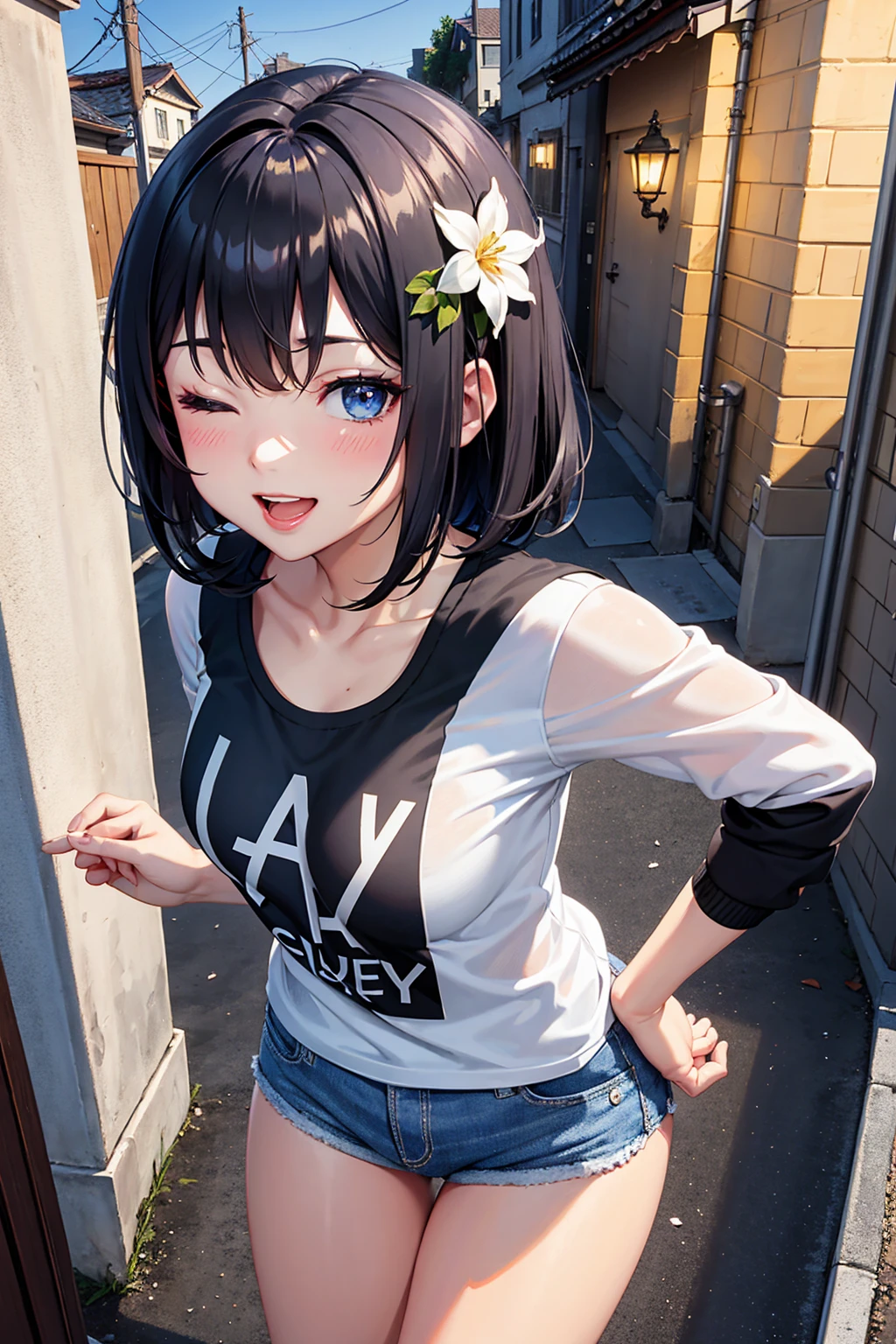 selfie, ,Beautiful illustration、masterpiece, top-quality,  from above, night, ((alley)), 1 girl,A Cute 、mini girl, 4th grade elementary school student、make up, standing, seductive smile, open mouth, black hair, short hair,hair flower, blue eyes, one eye closed, (hotpants),Tshirt , lovely thighs、glowing thigh, shinyskin, sexy, nsfw,