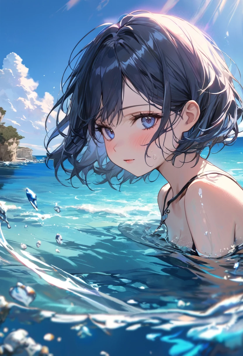 (Masterpiece, BestQuality), ((Portrait of girl floating in the crystal clear waters of Lampedusa)), Highly transparent sea,In the background is a beautiful landscape with a blue sky and sunlight shining on the sea,detailed beautiful scenery,water splash,BREAK (tween,detailed face,(darkblue wavy-short hair),eyebrows,middle small breasts),