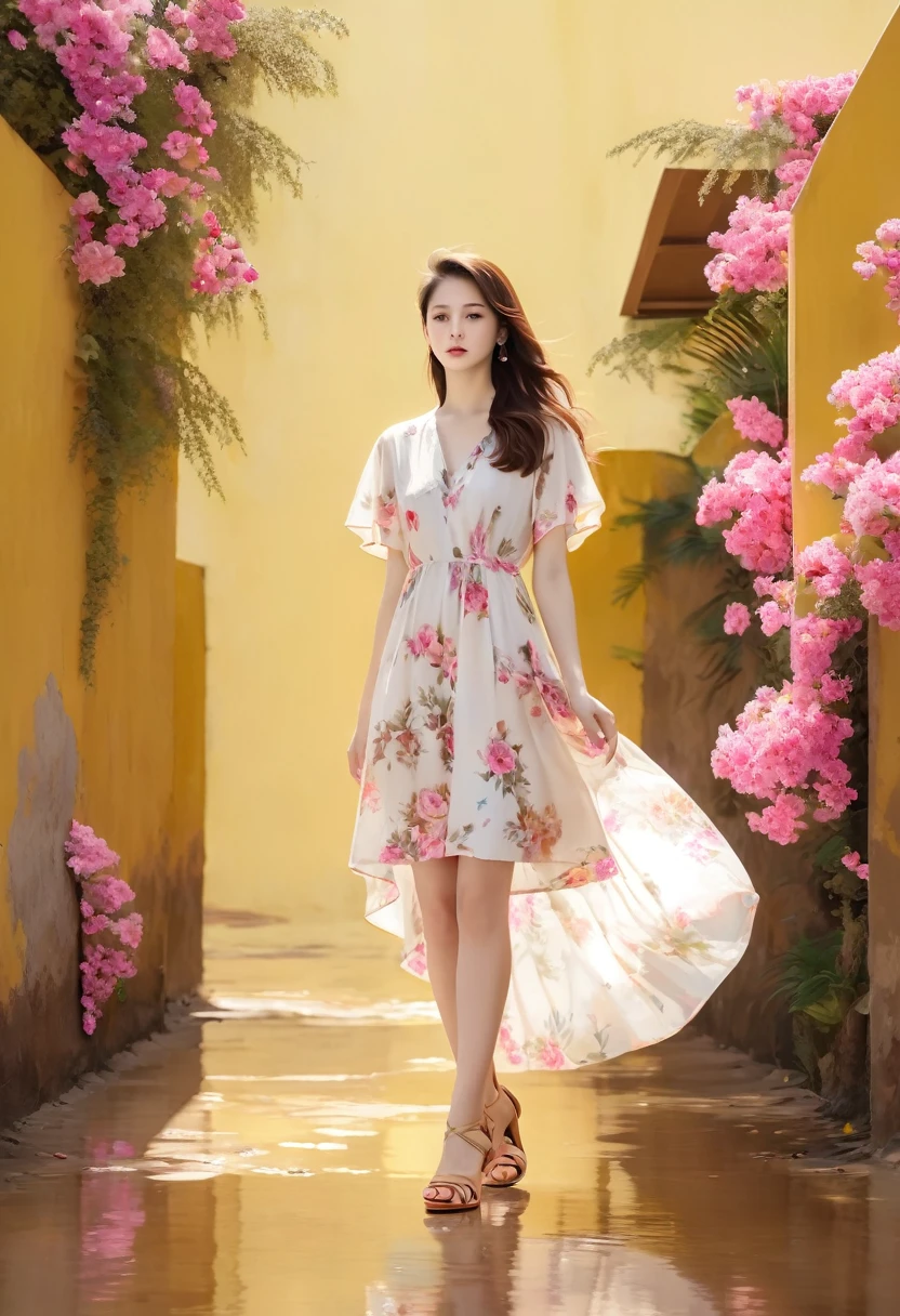 An image of a woman who calmly loves, Detailed medium brown hair, Bright yellow detailed eyes with long eyelashes, White short dress with pink floral print, Detailed brown high heel sandals. full body image. shoes foot