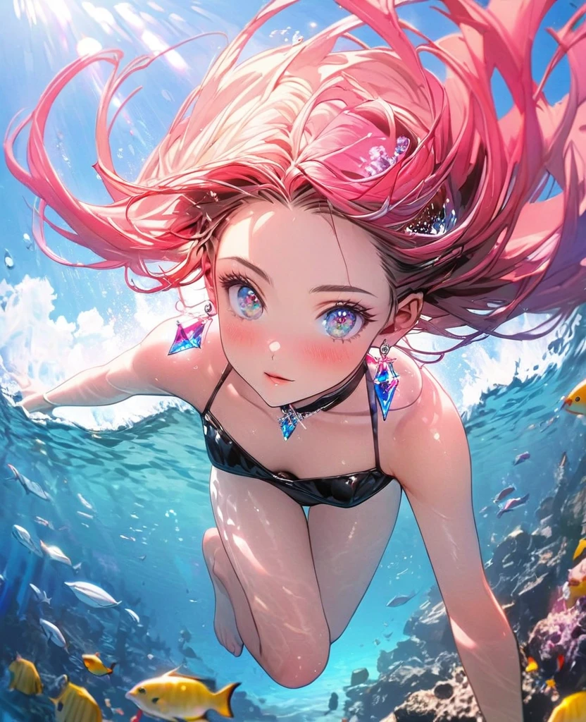 8K,gal，an extremely delicate and beautiful,Beautiful and realistic skin,Shiny jewel-like earrings,Long colorful hair,beautiful eyes,full body,head to toe,beautiful regs,black bikini,diving,sea
