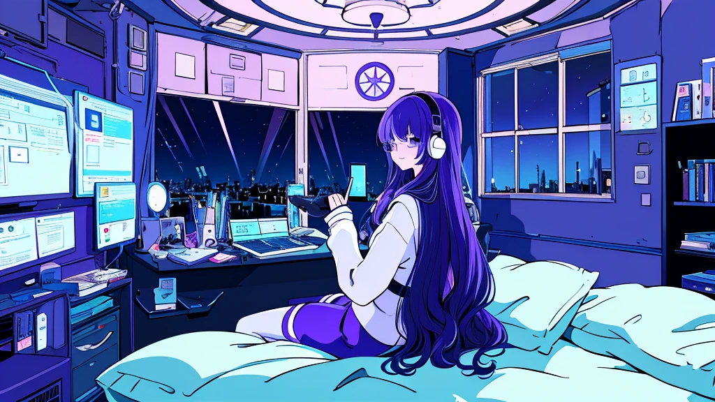 (from behind), Anime girl sitting in front of a computer in a cozy bedroom, Girl listening to music while studying in a cozy room (night), round glasses, Using headphones, on the roof, (beautiful night views from windows), lots of things, 2D anime style, The aesthetics of anime in the 90s, lo-fi,  long hair, very detailed, Hard disk, A mix of anime style and Fujifilm, surreal, 8K, masterpiece, violet eyes,black gloves, round glasses, long sleeves,violet hair, Flat Chest, smile, pantyhose