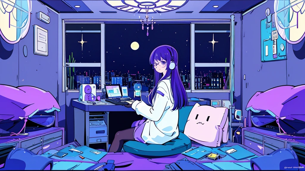 (from behind), Anime girl sitting in front of a computer in a cozy bedroom, Girl listening to music while studying in a cozy room (night), round glasses, Using headphones, on the roof, (beautiful night views from windows), lots of things, 2D anime style, The aesthetics of anime in the 90s, lo-fi, long hair, very detailed, Hard disk, A mix of anime style and Fujifilm, surreal, 8K, masterpiece, violet eyes,black gloves, round glasses, long sleeves,violet hair, Flat Chest, smile, pantyhose