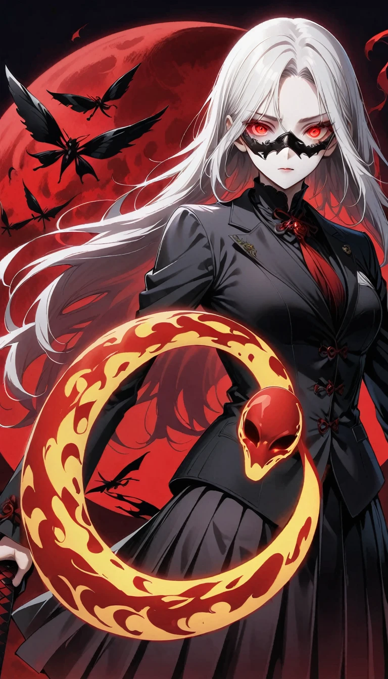 Blurred outline of existence, bright white eyes, Red background, All Black Spikes头发, Blurred outline of existence, Fully white glowing eyes, Red background, All Black Spikes，Red rose，Fire  butterflys，Anime style，1 girl，Silver long hair，White spots on eyes，Pleated skirt short suit，Samurai sword in hand，Elegant Posture、Red Moon、dark purple tones，Elegant and atmospheric。，(((Fluorescent snake bones)))