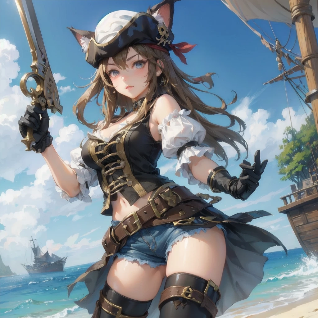  masterpiece, (textured skin), best quality, gorgeous beautiful girl, (a female 
cat ears,cat tail),pirate,detailed clothes,large breasts,narrow waist,, (beautiful face), cinematic lighting, (fantasy anime art ),