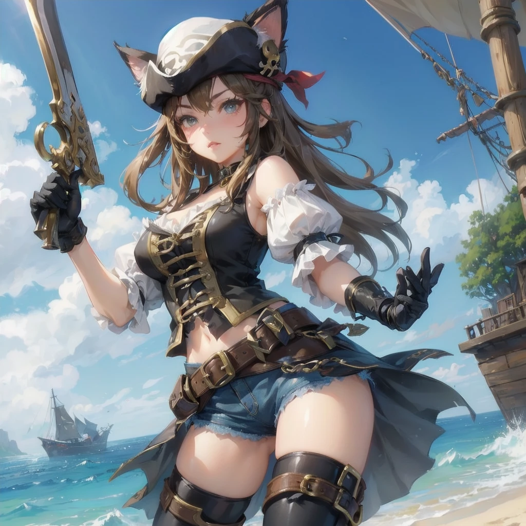 masterpiece, (textured skin), best quality, gorgeous beautiful girl, (a female
cat ears,cat tail),pirate,detailed clothes,large breasts,narrow waist,, (beautiful face), cinematic lighting, (fantasy anime art ),