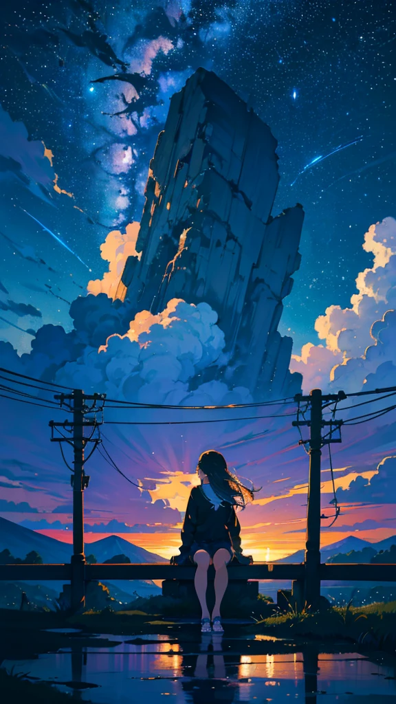 masterpiece, Exquisite detail,Highest quality, One girl, alone, handrail, cloud, Looking up at the buildings,Long Hair, zero, Long sleeve, Power lines, White footwear, Black Hair, View your viewers, Electric pole, bangs, cloudy zero, fish, bird, Green Eyes, Shorts, Day, Black Shirt, barefoot,night,Star,milky way,night,Pitch black,Buildings,standing and looking up at the sky,High quality anime art style,Standing painting,Splash ink background,Blue Themes,Clear Face,Distinct facial features,Fuji Mountain,Fuji Mountain,Vast Nature,Looking at me,View from behind,Shining Star々,milky way,sitting in water