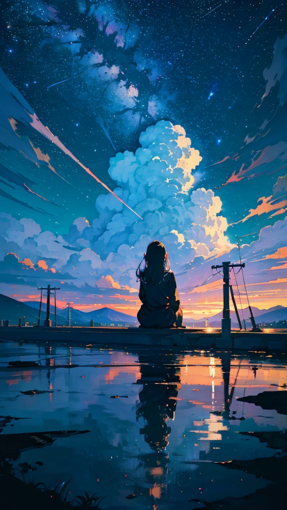 masterpiece, Exquisite detail,Highest quality, One girl, alone, handrail, cloud, Looking up at the buildings,Long Hair, zero, Long sleeve, Power lines, White footwear, Black Hair, View your viewers, Electric pole, bangs, cloudy zero, fish, bird, Green Eyes, Shorts, Day, Black Shirt, barefoot,night,Star,milky way,night,Pitch black,Buildings,standing and looking up at the sky,High quality anime art style,Standing painting,Splash ink background,Blue Themes,Clear Face,Distinct facial features,Fuji Mountain,Fuji Mountain,Vast Nature,Looking at me,View from behind,Shining Star々,milky way,sitting in water