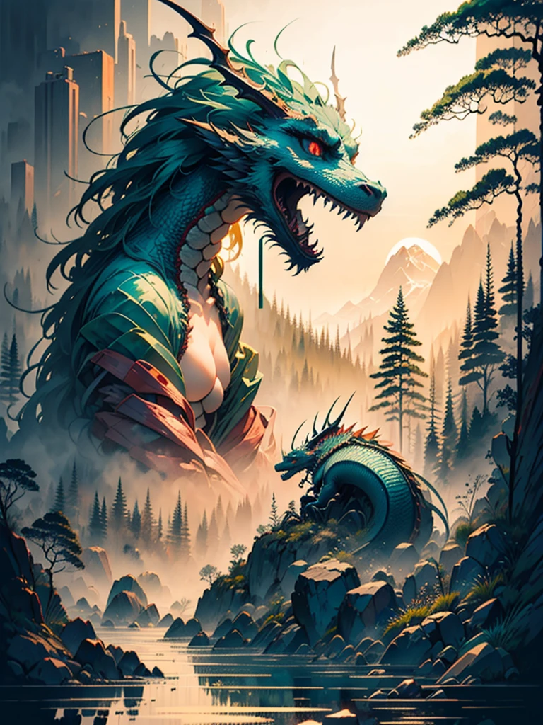 an ultra-realistic and beautiful female dragon fused with the forest, predominant green color, maximum quality, 8K, Bioluminic Lighting, Drawn and painted with pencil.