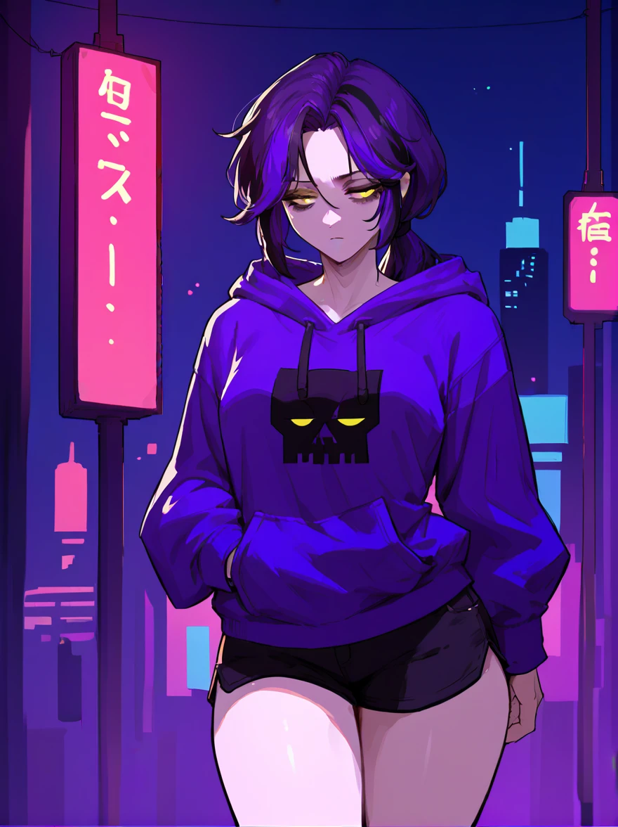 score_9, score_8_up, score_7_up, score_6_up, score_5_up, score_4_up, BREAK source_anime,rating_risky, a girl, thin, pale skin, skinny, tired expression, low ponytail, purple hair, yellow eyes, eye bags, tired expression, purple hoodie, thick thighs, black shorts, tight clothing, bold comic style, city background, purple clothes with black highlights, nighttime, neon lights, hard lighting