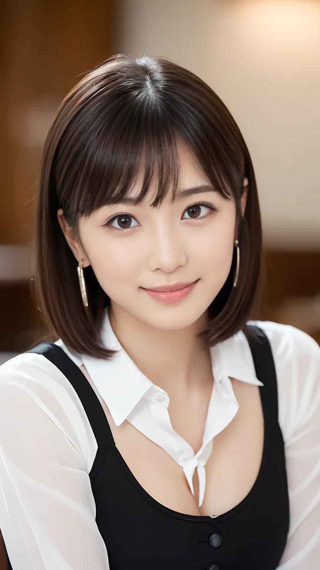 (masterpiece)、(Highest quality:1.5)、(Photorealistic:1.2)、(Surreal), (High resolution), (Realistic), (Post-processing),(Sharp focus), Sharp focus:1.2,Backlight, (Improvement of quality:1.4), (Narrow waist)、Big Ass、((Perfectly detailed five-fingered hands)),(Anatomically correct body)、((1 female:1.4))、Japanese、Realistic Skin、(Small chest:1.4)、Bust size is A cup、Pretty woman with perfect figure:1.4,(from the front:1.5), (Enhances the beauty of skin texture:1.1),No makeup、美しいBlack Hair、The best smile、Natural color lip、(Small Mouth:1.4)、The mouth is not open、Thick lips、(Oval Face)、Even bangs、Hide eyebrows with bangs、((33-year-old woman))、Bob Hair、Hair blowing in the wind, (Black Hair, Iris, Watery eyes, Shining Eyes, Bob Cut Hair, Small earrings,), Hair behind the ear、No makeup、(Drooping eyes)、(((One lovely woman)),((A big friendly smile)),(( Small breasts,Small breastsの谷間)),((((Plump Cheeks)))),((whole body:1.5)),very cute,(Baby Face),高級restaurantで、full-course dinner、Wine Party、Bright image、The beauty of wine, Beautiful Face, red wine 、Appetizers、Italian food、Wine bottle、Champagne、sparkling wine、(slimな顔), (The body is slim),restaurant, White wine, slim, wine glass, 中央に置かれたwine glass, Beautiful fine grain, Depth f/2,saturation, High Contrast, Strong light and shadow,Moist Body:1.5、3D texture、Delicate eyes、((In front of the food on the table:1.5))、White collar shirt and tie、erious expression