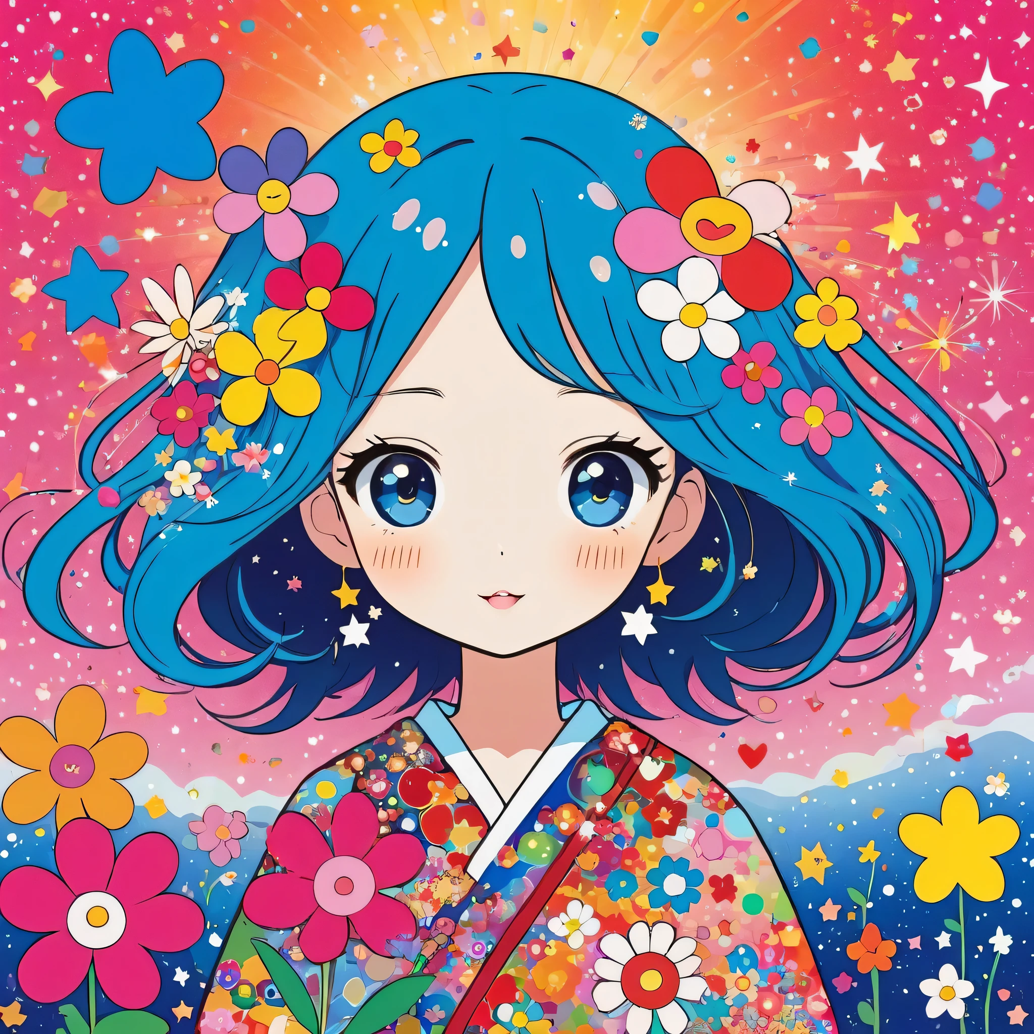 Takashi Murakami style, Simple Line Initialism，Abstract art，Kawaii Design, The most beautiful girl of all time, The background is star dust, colorful hearts, colorful flowers,