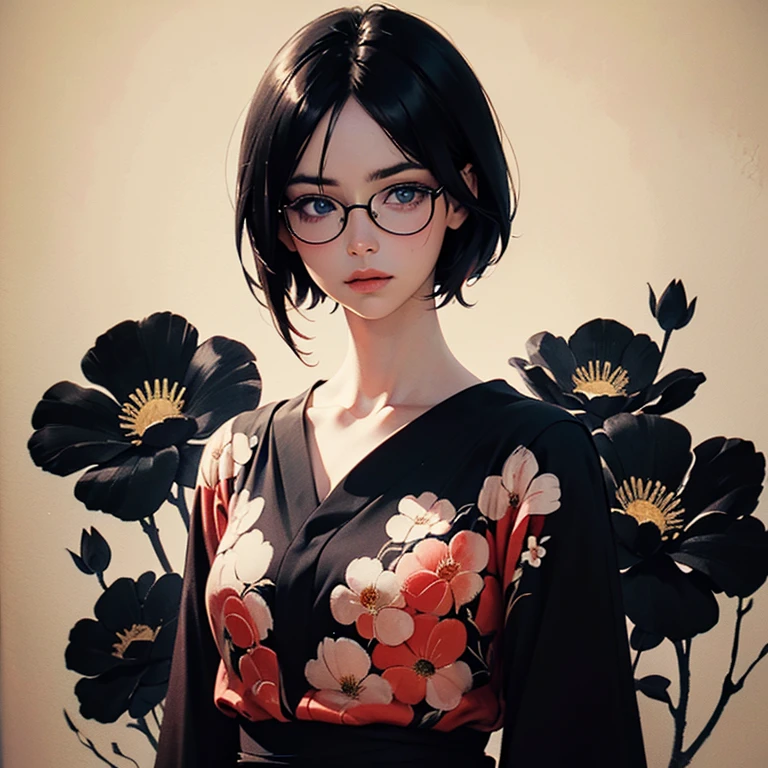 (masterpiece),(Highest quality:1.2),(8K Anime),1 Girl,Beautiful and delicate eyes,(Beautiful silky black hair:1.2), Dress with flowers,(Realistic),Detailed skin, Unfairly Beautiful,((Ink painting floral background)),Cinema Lighting,Body Shot,High Contrast,Glasses,short hair