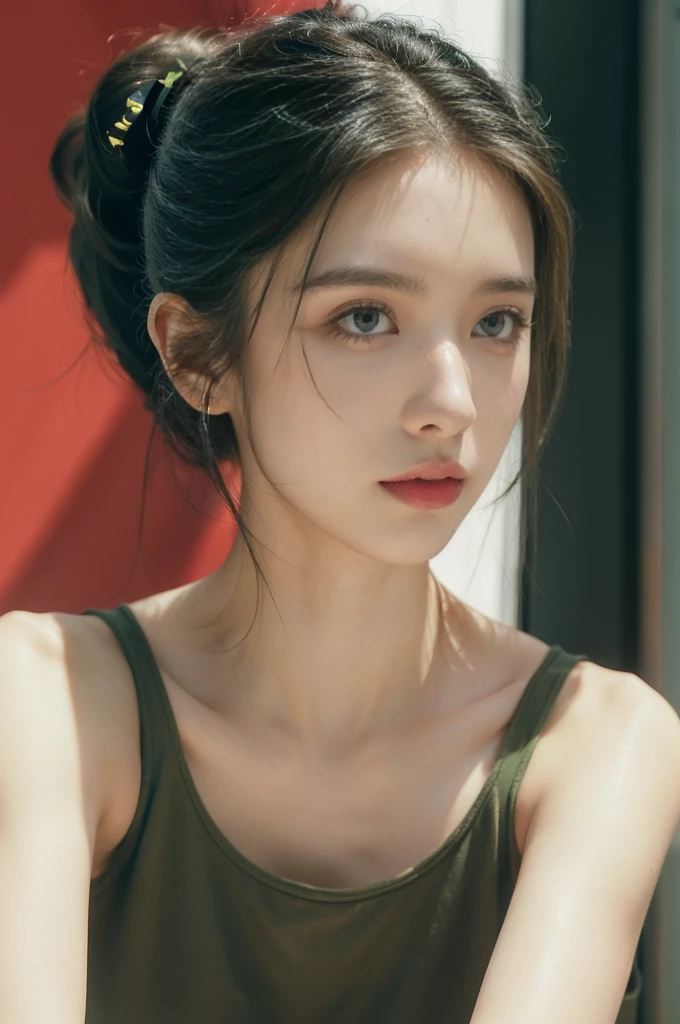 (((best quality))),(((ultra detailed))),(((masterpiece))),illustration,((1 beautiful young girl,female soldier,solo)),(short black ponytail:1.2),((slim,thin)),((small breasts,flat chest)),determined,professional,demeanor,(green tank top:1.3),military,affiliation,background,military conference room,walls,maps,battlefields,strategic points,markings,(large red flag),nation's unity,strength,seriousness,planning,important discussion,rigid posture,focused expression,confidence,respectability,bright intense eyes,analyzing situation,contribute thoughts,ideas,charm,powerful,intense atmosphere,freezes moment in time,essence,striking appearance,(night scene:1.2),((from front,close-up of face))