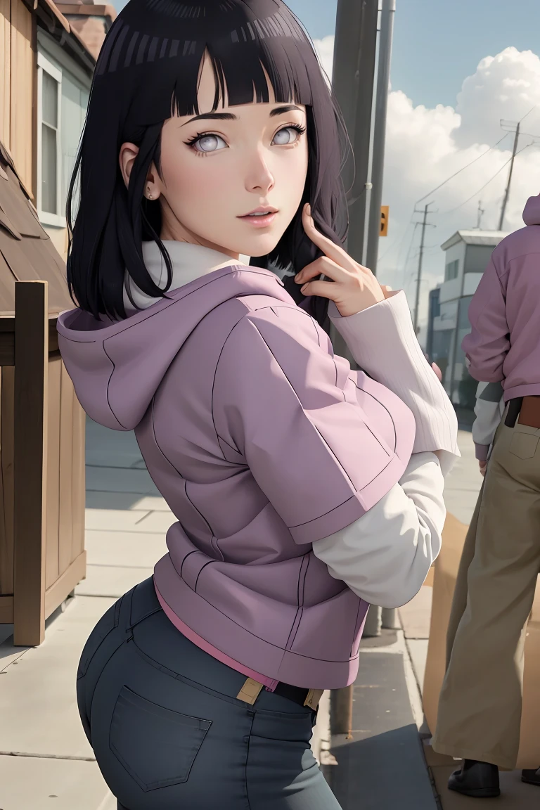 main part, absurdities, Hinata\(Boruto\), 1 girl, One,mature woman, Purple hood,multi-layer sleeves, short jeans, on open air, cloudy sky, perfect composition, indirect lips, big chest, Beautiful face, body proportions, blush, (pink lips), short black hair (black fur), Lilac eyes, Sleek appearance, super realistic, detailed, photoshoot, realistic face and body, realistic hair, realistic eyes, realistic nose, Realistic lips, brown jeans, inspired, dances easily. on the back, with chin under shoulder, looking back sensually, sorriso sexual, closed mouth. different pose, sexual.