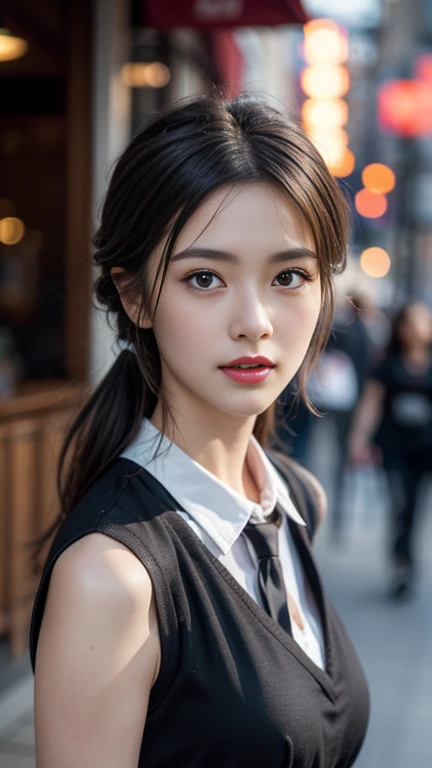 (8K, RAW Photos, 最high quality, masterpiece: 1.2), (Realistic, photoRealistic: 1.37), 1 A woman wearing a waitress uniform standing on the sidewalk, , Professional Lighting, Photon Mapping, , Italyのの女性, Torn, Sommelière、,Italy、Italy、 Ultra-tiny uniform、,At a fine dining restaurant, Larger breasts、Incredibly beautiful face、masterpiece, 最high quality, high quality, High resolution, big , (Face close-up),working at a restaurant、Carry dishes、Hair is tied、Updo、Playmate proportions、Eros Waitress、Tie your hair up tightly and show as much skin as possible、、The ultimate revealing wear、Slicked back hair、Infinite Strip、Slicked back hair、Ahan、Nipple poking stimulation、