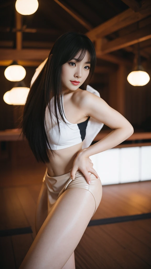 a japanese woman with beautiful Delicate eyes, Beautiful and delicate lips, Extremely detailed face and skin, Pale skin, 23 years old, wearing a leather skirt, high heels, medium long shot, dancing in the dance hall, beautiful lights, sexy figure, long legs, full body portrait. Beautiful photography，Long eyelashes, Good anatomy , Practical skin texture, Delicate eyes, professional, 4K, Wide-angle lens, Optical Depth of Field, Kodak Vision Color, Perfectly proportioned body, Extremely detailed, ultra-photoPractical, Practical, Post-Processing, Maximum details, Roughness, real life, ultra -Practical, Photorealism, photography, 8K Ultra HD, photography