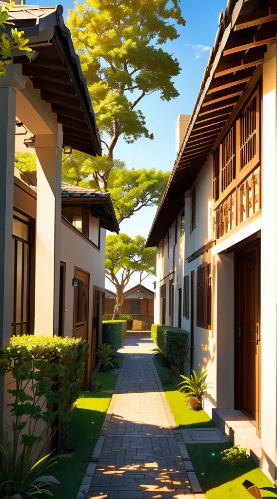 there is a pathway between two buildings with a tree in the background, residential area, rendered in lumion pro, residential, courtyard walkway, rendered in lumion, small houses, crisp clean shapes, clean and pristine design, with walkways, resort, crisp smooth clean lines, wooden houses, photo realistic style, arhitectural shot, architectural render, architectural visualization, night time, dark time of the day, night, nighttime
